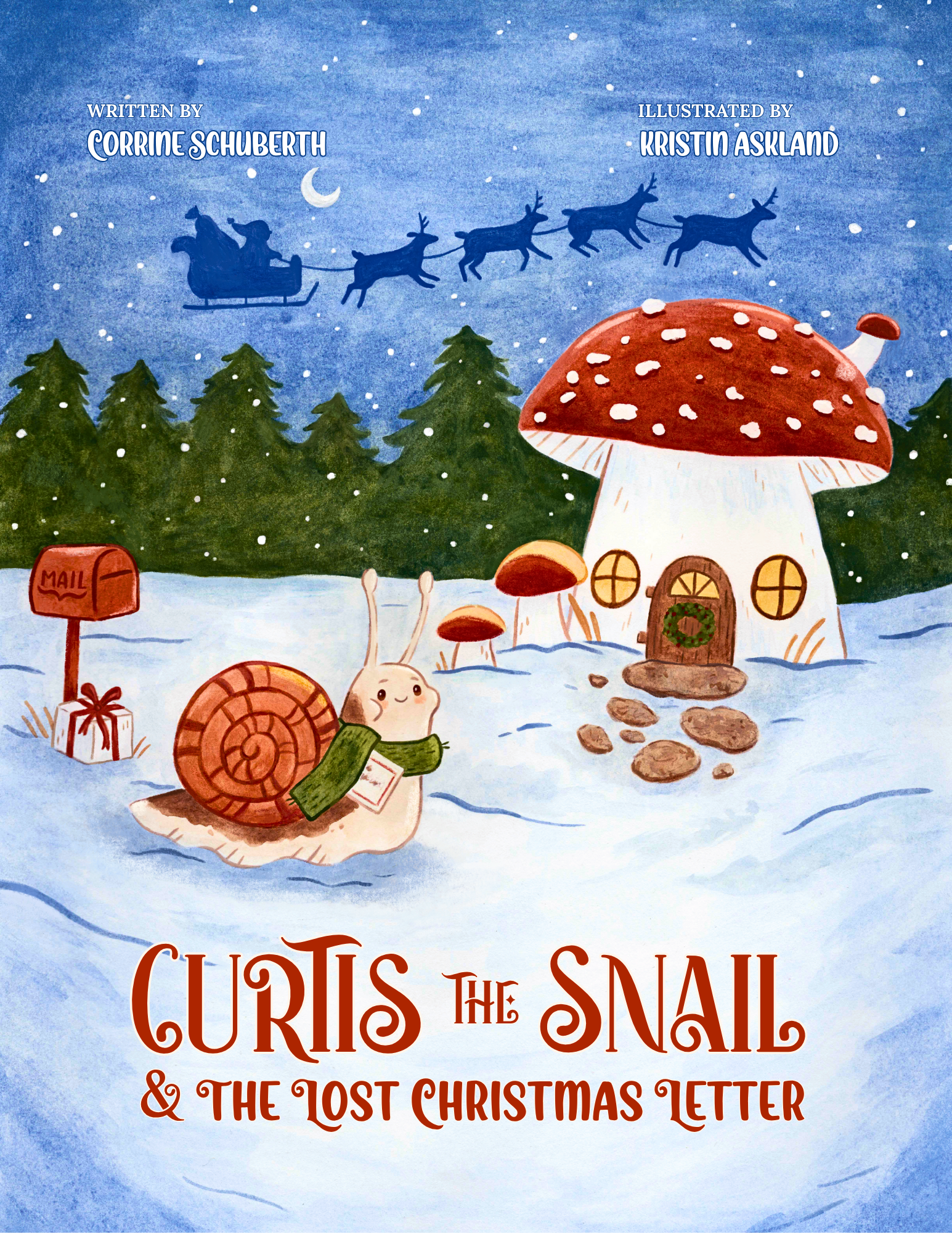 Children's book cover featuring a snail wearing a scarf, mushroom house, and Santa Silohuette.